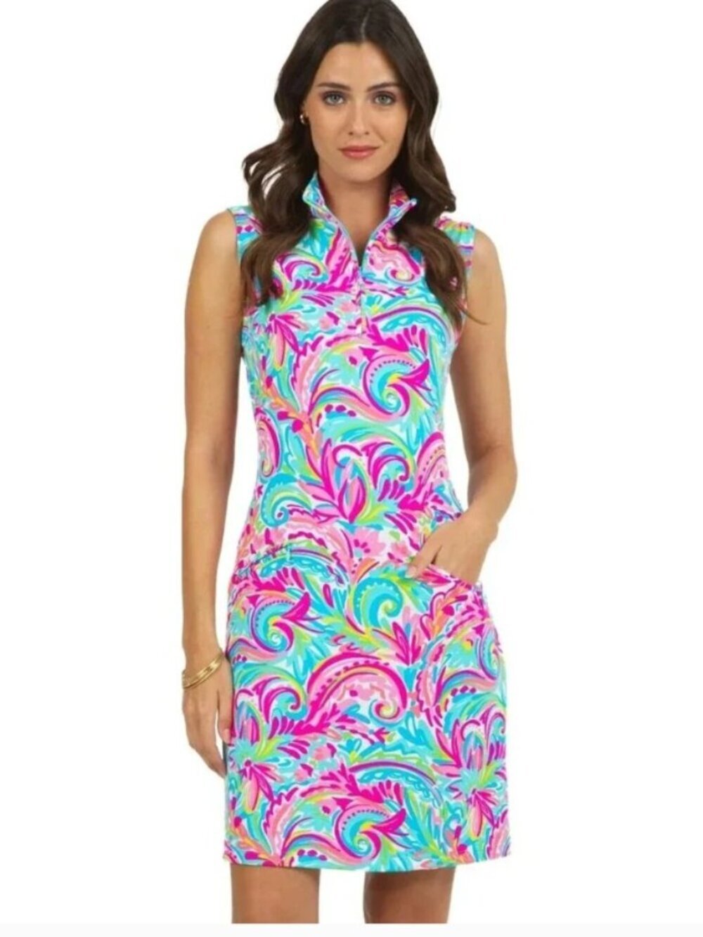 IBKUL Women's Aubrey Print Sleeveless Drawstring Sleeveless Golf Dress Sz Large